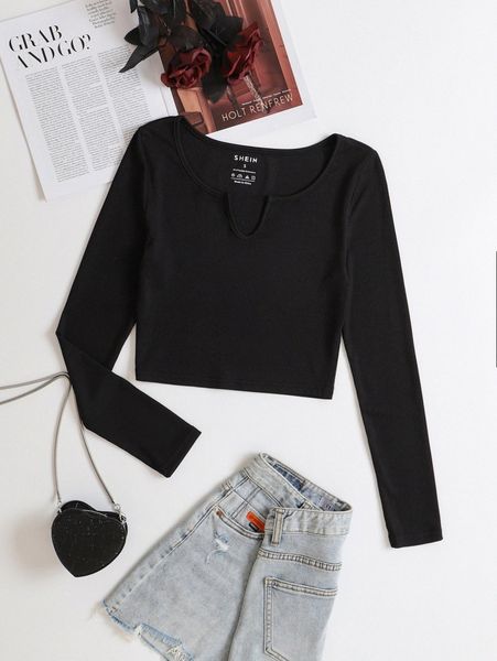 solid notched neck rib-knit long sleeve tee a8fh#, White 
solid notched neck rib-knit long sleeve tee a8fh#, White