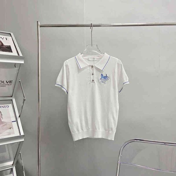 2022 factory wholesale new cel + summer women's pullover lapel short sleeve contrast color embroidery slim thin knitting top, White
2022 factory wholesale new cel + summer women's pullover lapel short sleeve contrast color embroidery slim thin knitting top, White