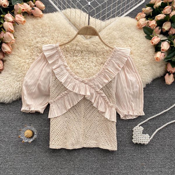 women's knits & tees women fashion wear sweet ruffle slim short blouse v neck sleeve crocheted openwork knit clothes blusas, White
women's knits & tees women fashion wear sweet ruffle slim short blouse v neck sleeve crocheted openwork knit clothes blusas, White