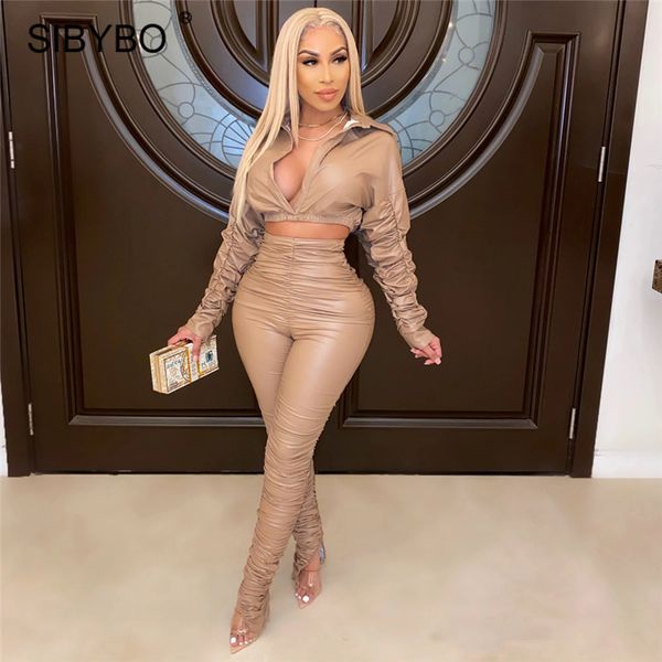 sibybo black faux pu leather matching sets women pullover crop and stacked leggings suit female two piece outfits club, Black;white
sibybo black faux pu leather matching sets women pullover crop and stacked leggings suit female two piece outfits club, Black;white