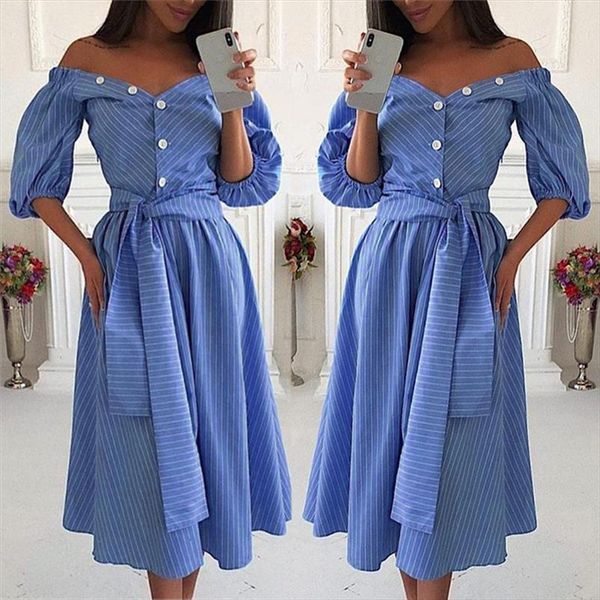 blue striped sash tie women dress up off shoulder loose knee length summer fashion beach elegant clothes, Black;gray
blue striped sash tie women dress up off shoulder loose knee length summer fashion beach elegant clothes, Black;gray
