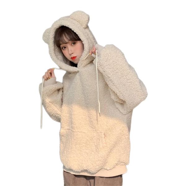 women faux fleece cute bear ears hoodies long sleeve sweatshirt harajuku solid color oversized pullover with pocket women's jackets, Black;brown
women faux fleece cute bear ears hoodies long sleeve sweatshirt harajuku solid color oversized pullover with pocket women's jackets, Black;brown