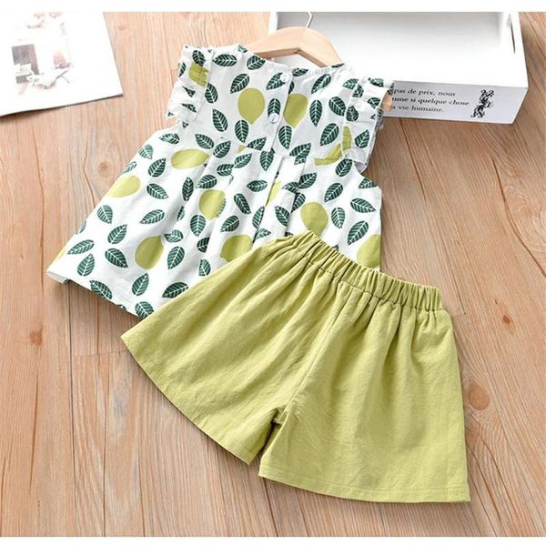 little girl\u2021s vest and shorts suit fresh leaves print sleeve solid color elastic short pants clothing sets, White
little girl\u2021s vest and shorts suit fresh leaves print sleeve solid color elastic short pants clothing sets, White