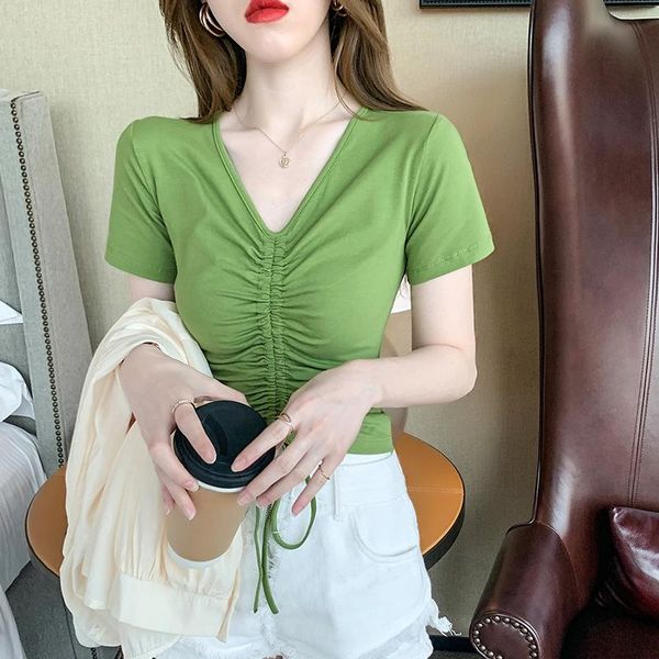 women's t-shirt v-neck drawstring 2021 spring and autumn wear high waist short open navel, White
women's t-shirt v-neck drawstring 2021 spring and autumn wear high waist short open navel, White