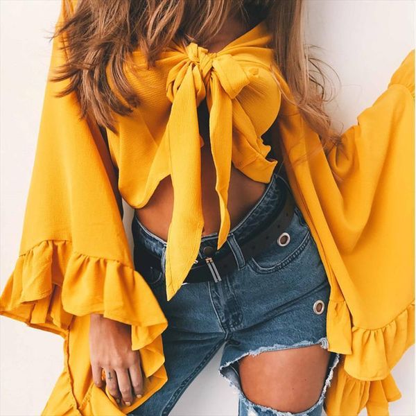 summer beach knot chiffon womens shirts cover up v neck petal sleeve shirt casual crop for female blusas, White
summer beach knot chiffon womens shirts cover up v neck petal sleeve shirt casual crop for female blusas, White