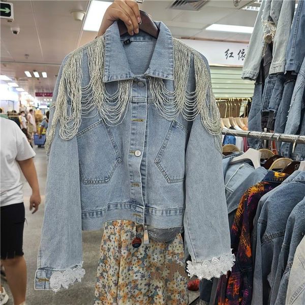 women's jackets 2021 autumn jeans jacket korean style coat lace stitching beaded tassels loose short all-match, Black;brown
women's jackets 2021 autumn jeans jacket korean style coat lace stitching beaded tassels loose short all-match, Black;brown