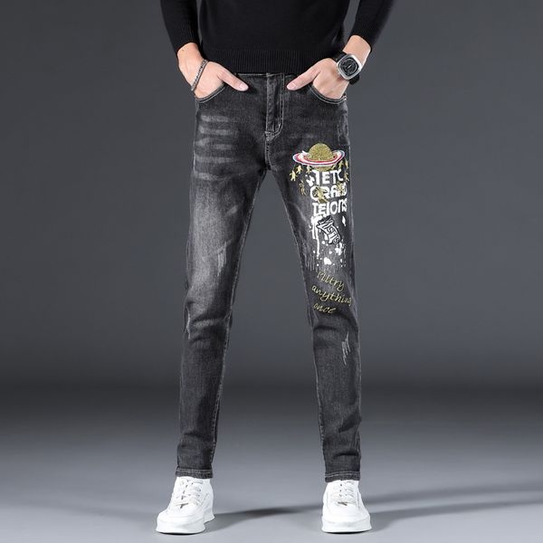 jeans fashion black slim small straight tube printed men's brand autumn and winter thick pants, Blue
jeans fashion black slim small straight tube printed men's brand autumn and winter thick pants, Blue