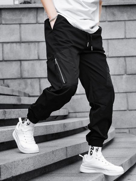men zip detail drawstring waist pants o3oe#, Black