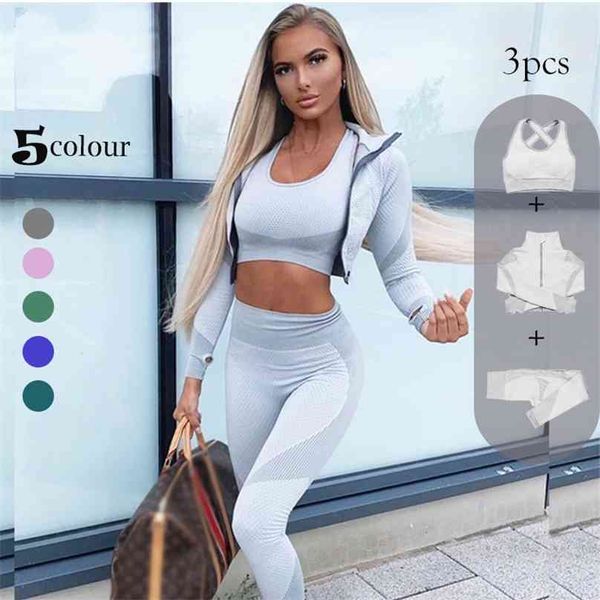 3pcs sport seamless workout set women rib 3 2 piece long sleeve zipper crop shirt legging fitness clothes yoga gym 210802, Gray
3pcs sport seamless workout set women rib 3 2 piece long sleeve zipper crop shirt legging fitness clothes yoga gym 210802, Gray