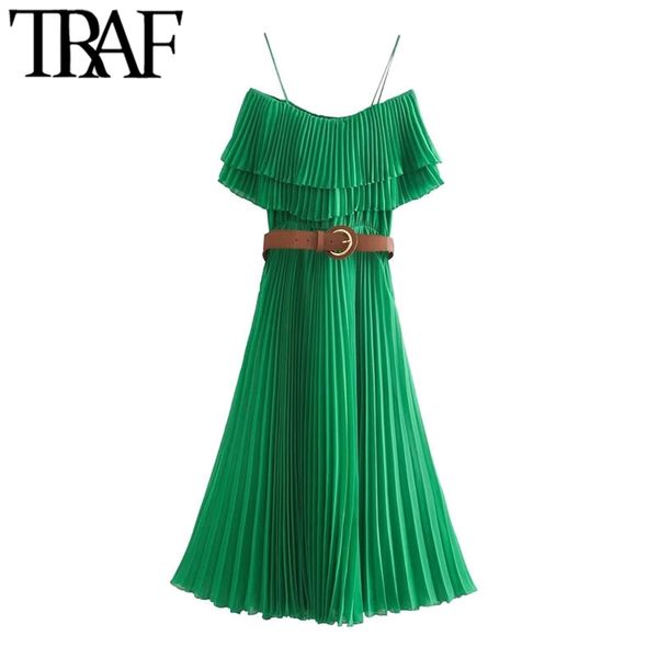 women chic fashion with belt ruffles pleated midi dress vintage elastic waist thin straps female dresses vestidos 210507, Black;gray
women chic fashion with belt ruffles pleated midi dress vintage elastic waist thin straps female dresses vestidos 210507, Black;gray