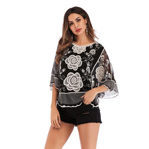 women's blouses & shirts summer embroidery hollow seven-point sleeves lace shirt loose round neck, White
women's blouses & shirts summer embroidery hollow seven-point sleeves lace shirt loose round neck, White