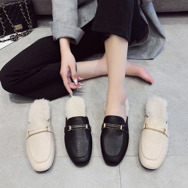 slippers metal buckle mules fur plush close toe solid leather shoes woman brief winter flats furry slides femme wool flip flops, Black
slippers metal buckle mules fur plush close toe solid leather shoes woman brief winter flats furry slides femme wool flip flops, Black