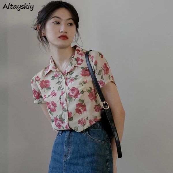 women's blouses & shirts shirt women summer floral slim crop trendy retro female clothes streetwear vintage single breasted turn-do, White
women's blouses & shirts shirt women summer floral slim crop trendy retro female clothes streetwear vintage single breasted turn-do, White