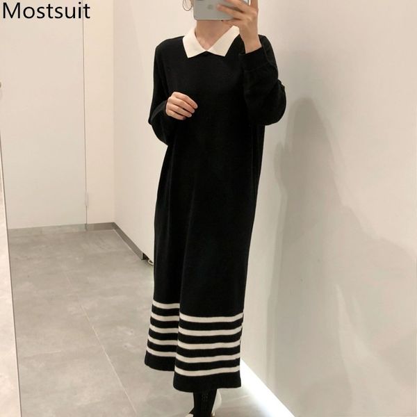 autumn korean striped knitted women long dress turn-down collar full sleeve loose straight dresses vestidos femme 210518, Black;gray
autumn korean striped knitted women long dress turn-down collar full sleeve loose straight dresses vestidos femme 210518, Black;gray