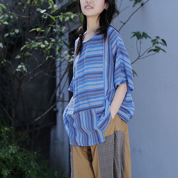 johnature women blue striped t-shirts cotton o-neck bat sleeve summer patchwork female loose blue original t-shirts 210521, White
johnature women blue striped t-shirts cotton o-neck bat sleeve summer patchwork female loose blue original t-shirts 210521, White