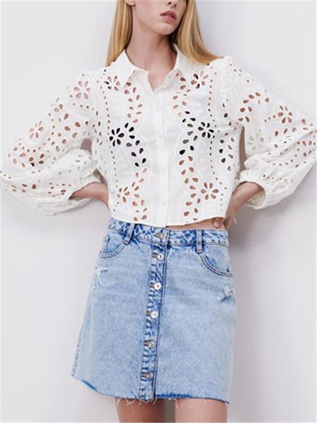 women's blouses & shirts 2021 summer european and american style fashion all-match loose lapel long sleeve hollow embroidered shirt top, White
women's blouses & shirts 2021 summer european and american style fashion all-match loose lapel long sleeve hollow embroidered shirt top, White