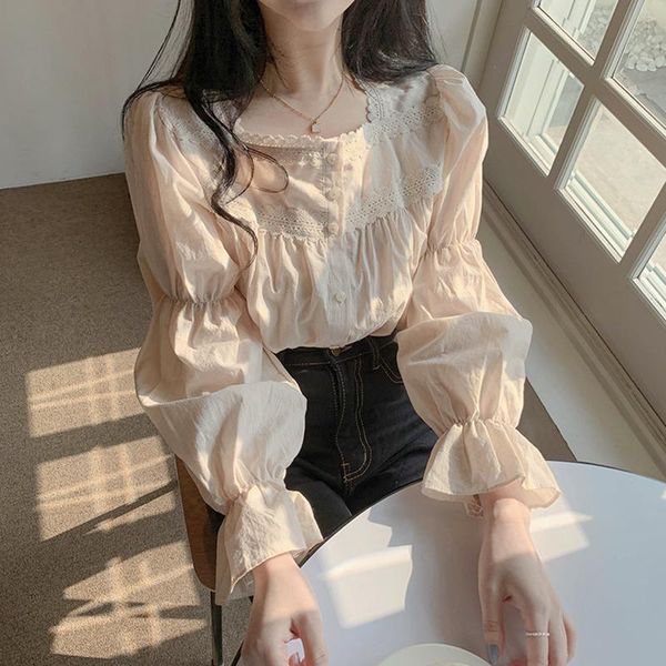 women's blouses & shirts korean sweet women clothing retro square collar lace elegant long sleeve blouse shirt blusa, White
women's blouses & shirts korean sweet women clothing retro square collar lace elegant long sleeve blouse shirt blusa, White