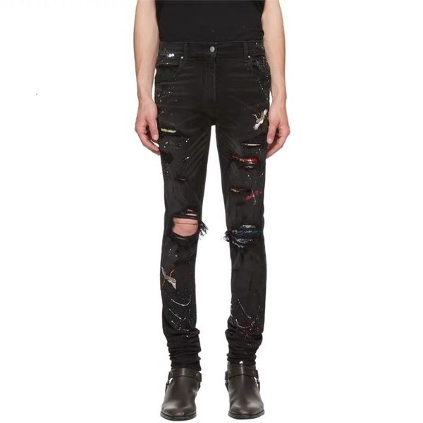 am 20ss perforated paint print old patchwork slim fit jeans men's and women's high street, Blue
am 20ss perforated paint print old patchwork slim fit jeans men's and women's high street, Blue