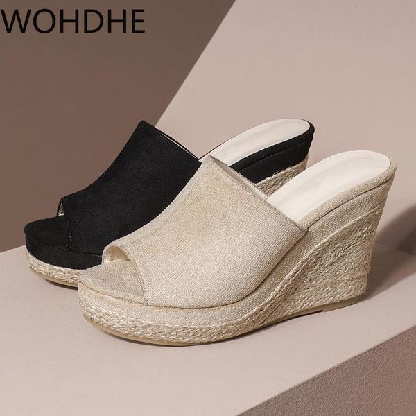 women's wedge slipper summer high heels slippers slanted heel sandals fish mouth straw thick bottom wedges slippers casual shoes, Black 
women's wedge slipper summer high heels slippers slanted heel sandals fish mouth straw thick bottom wedges slippers casual shoes, Black