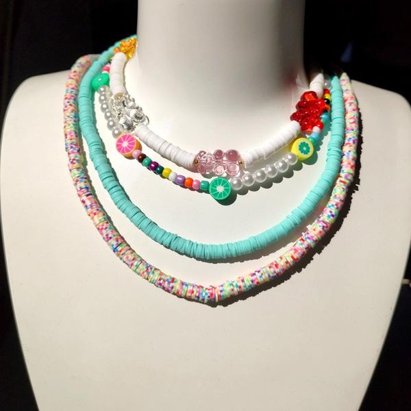 chains bohemia transparent gummy bear soft pottery beaded choker necklace jewelry multilayered beads clay strand necklaces summer beach, Silver 
chains bohemia transparent gummy bear soft pottery beaded choker necklace jewelry multilayered beads clay strand necklaces summer beach, Silver