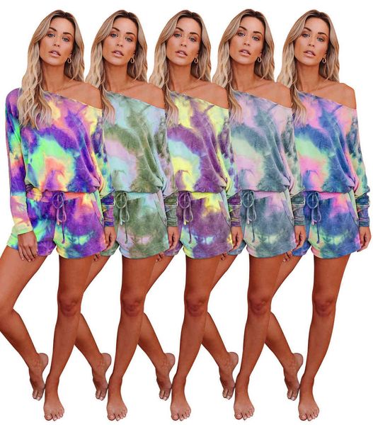 tie dye colorful print two piece sets autumn off shoulder long sleeve +drawstring pocket shorts casual home suits femme 210507, White
tie dye colorful print two piece sets autumn off shoulder long sleeve +drawstring pocket shorts casual home suits femme 210507, White