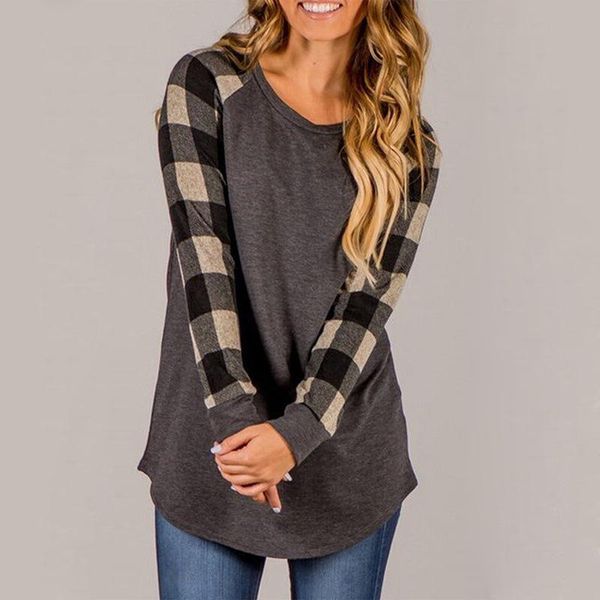 women's t-shirt autumn fashion casual plaid print round neck ladies color matching bottoming shirt female, White
women's t-shirt autumn fashion casual plaid print round neck ladies color matching bottoming shirt female, White