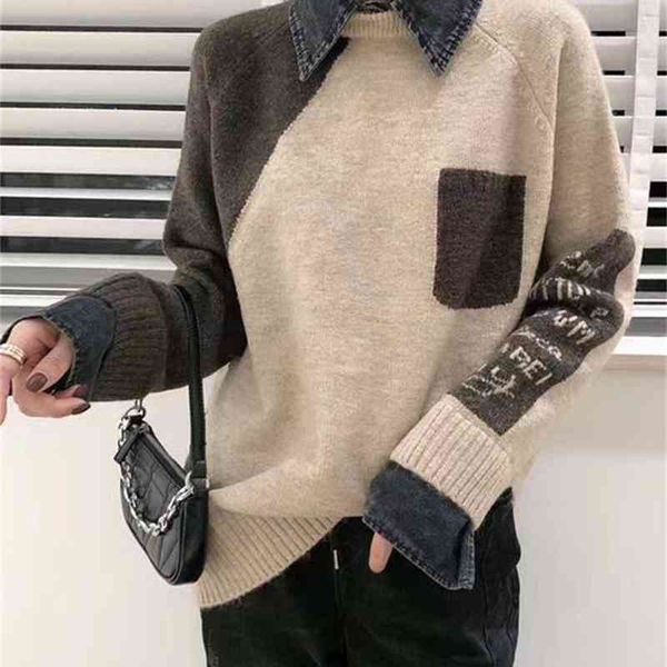 women's sweaters autumn and winter fashion women's denim stitching fake two-piece pullover sweater women loose outer wear bottomin, White;black
women's sweaters autumn and winter fashion women's denim stitching fake two-piece pullover sweater women loose outer wear bottomin, White;black