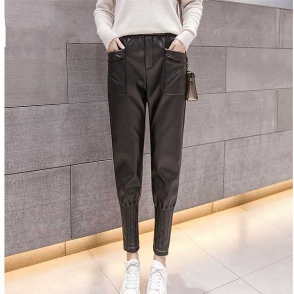 women pants leather high waist harem women sweat streetwear casual autumn chic black winter trouser 210601, Black;white
women pants leather high waist harem women sweat streetwear casual autumn chic black winter trouser 210601, Black;white