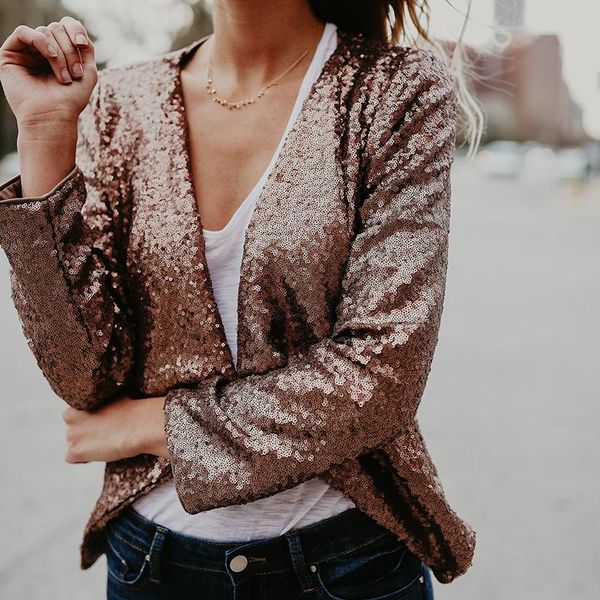 women's jackets nice spring fashion sequins jacket coat irregular slim fit short women open stitch cool street sequined outwear coats, Black;brown
women's jackets nice spring fashion sequins jacket coat irregular slim fit short women open stitch cool street sequined outwear coats, Black;brown