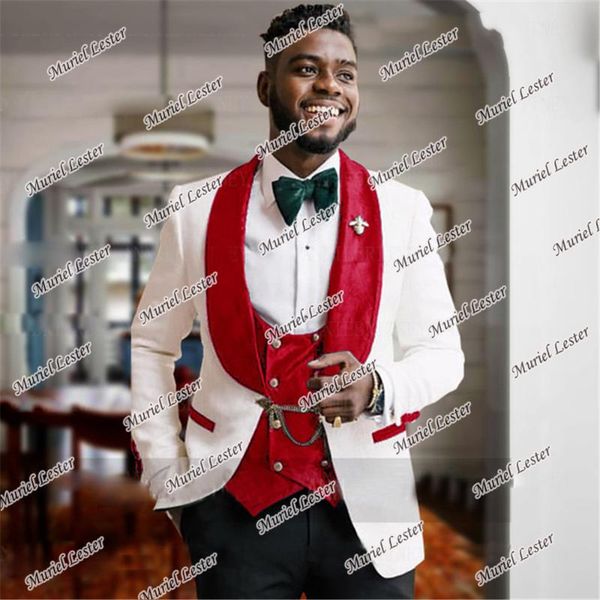 men's suits & blazers trajes de hombre wedding tuxedos 3 pieces groomsman blazer white jacquard with velvet laple jacket+vest+pants sli, White;black 
men's suits & blazers trajes de hombre wedding tuxedos 3 pieces groomsman blazer white jacquard with velvet laple jacket+vest+pants sli, White;black