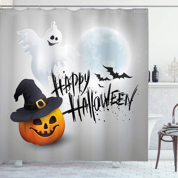 halloween shower curtain, stained look on grey ombre backdrop ghost pumpkin hat with shadow, cloth fabric bathroom decor set
halloween shower curtain, stained look on grey ombre backdrop ghost pumpkin hat with shadow, cloth fabric bathroom decor set
