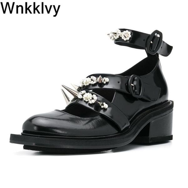dress shoes mary janes women mid heels spike rivets pearled crystal decor ankle strap round toe spring party leisure causal 2021, Black