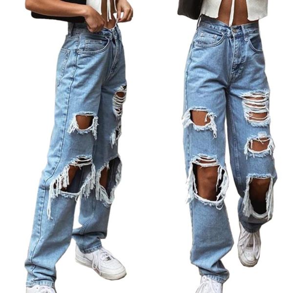 women's jeans fashion casual pants big holes long trousers women ripped frayed loose denim clothing, Blue
women's jeans fashion casual pants big holes long trousers women ripped frayed loose denim clothing, Blue