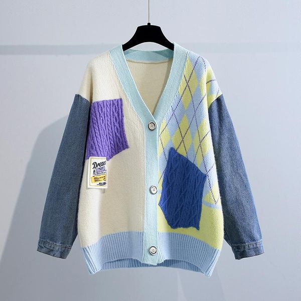 women's knits & tees vintage patchwork knitted cardigan sweater women fashion denim coat v neck long sleeve knitwear casual loose outwe, White
women's knits & tees vintage patchwork knitted cardigan sweater women fashion denim coat v neck long sleeve knitwear casual loose outwe, White