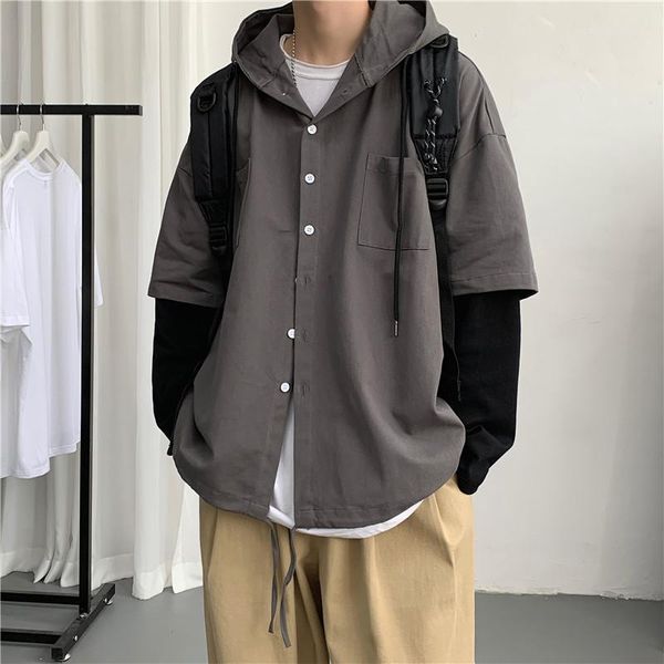 men's casual shirts fake two-piece overalls ins fashion brand loose stitching hooded spring korean style ruan handsome jacket, White;black
men's casual shirts fake two-piece overalls ins fashion brand loose stitching hooded spring korean style ruan handsome jacket, White;black