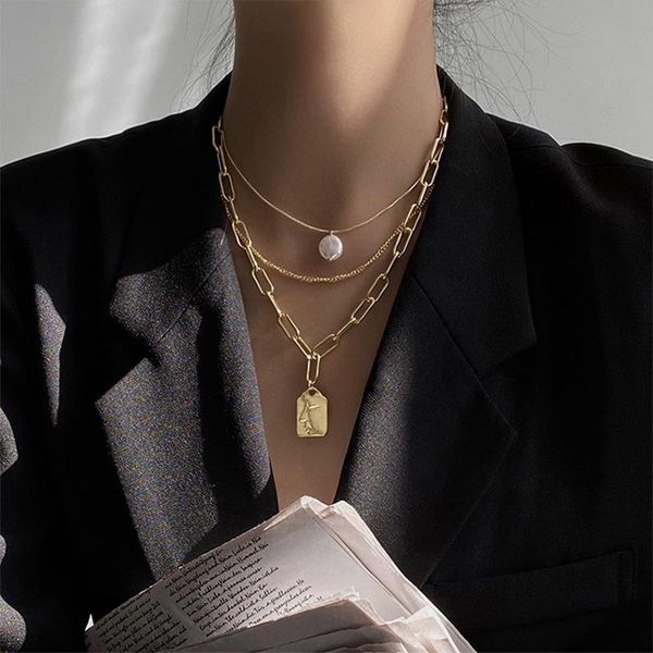 chains multi-layer gold geometric human face round pearl pendant necklace for women girls chunky chain link metallic jewelry, Silver
chains multi-layer gold geometric human face round pearl pendant necklace for women girls chunky chain link metallic jewelry, Silver