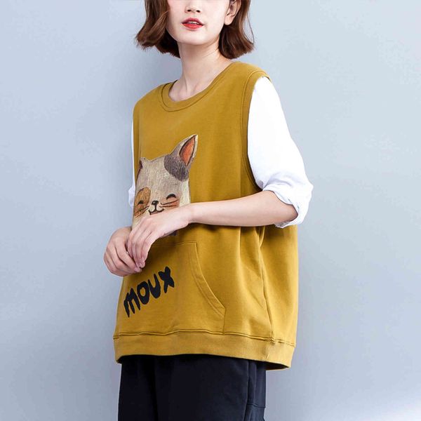 johnature leisure vest women clothes spring o-neck cartoon casual solid color pocket women loose vest (only vest) 210521, White 
johnature leisure vest women clothes spring o-neck cartoon casual solid color pocket women loose vest (only vest) 210521, White