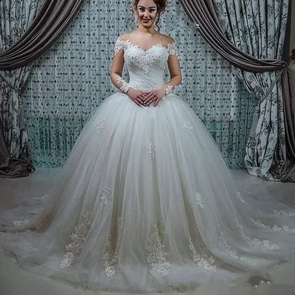 elegant ball gown wedding dresses long sleeves beaded lace applique 2021 sweep train tulle covered buttons back custom made plus size vestid, White
elegant ball gown wedding dresses long sleeves beaded lace applique 2021 sweep train tulle covered buttons back custom made plus size vestid, White