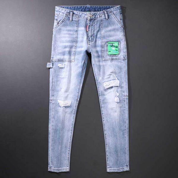 men's jeans fashion streetwear men retro light blue slim fit ripped elastic cotton patches pocket designer hip hop denim pants sgu
men's jeans fashion streetwear men retro light blue slim fit ripped elastic cotton patches pocket designer hip hop denim pants sgu