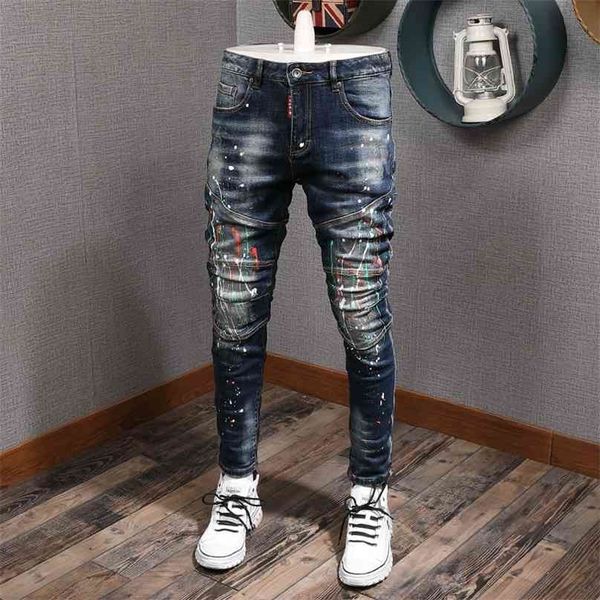 fashion streetwear men jeans slim fit paint designer elastic hip hop pants spliced biker homme 210716, Blue
fashion streetwear men jeans slim fit paint designer elastic hip hop pants spliced biker homme 210716, Blue