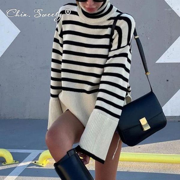 women's sweaters turtleneck knit striped sweater pullovers 2021 winter side split loose flare long sleeve knitwear ladies office lady t, White;black
women's sweaters turtleneck knit striped sweater pullovers 2021 winter side split loose flare long sleeve knitwear ladies office lady t, White;black
