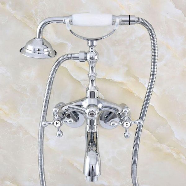 silver polished chrome brass wall mounted dual cross handles clawfoot bathtub faucet handshower - adjusts from 3-3/8" aqg407
silver polished chrome brass wall mounted dual cross handles clawfoot bathtub faucet handshower - adjusts from 3-3/8" aqg407