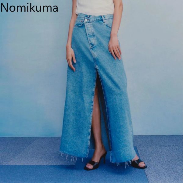nomikuma korean high waist split demin long skirt women new irregular jeans skirts causal faldas mujer moda 6b978 210427, Black