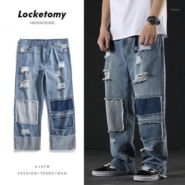 men's european and american street loose straight-leg jeans trend hole patch long pants beggar wide-leg casual mopping, Blue
men's european and american street loose straight-leg jeans trend hole patch long pants beggar wide-leg casual mopping, Blue