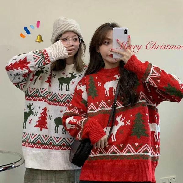 women's sweaters autumn and winter korean loose couple christmas tree deer thickened jacquard sweater women, White;black
women's sweaters autumn and winter korean loose couple christmas tree deer thickened jacquard sweater women, White;black
