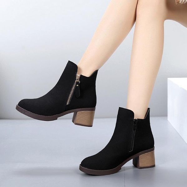 boots quality 4cm medium square heel platform women's winter shoes 2021 zip plush ankle flock autumn short, Black 
boots quality 4cm medium square heel platform women's winter shoes 2021 zip plush ankle flock autumn short, Black