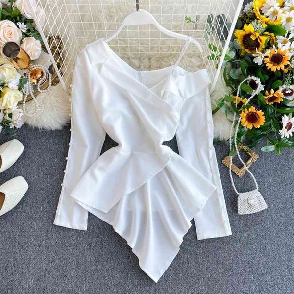 women's temperament beaded full shirt off-shoulder irregular notched office lady blusa solid female blouses ml670 210719, White
women's temperament beaded full shirt off-shoulder irregular notched office lady blusa solid female blouses ml670 210719, White