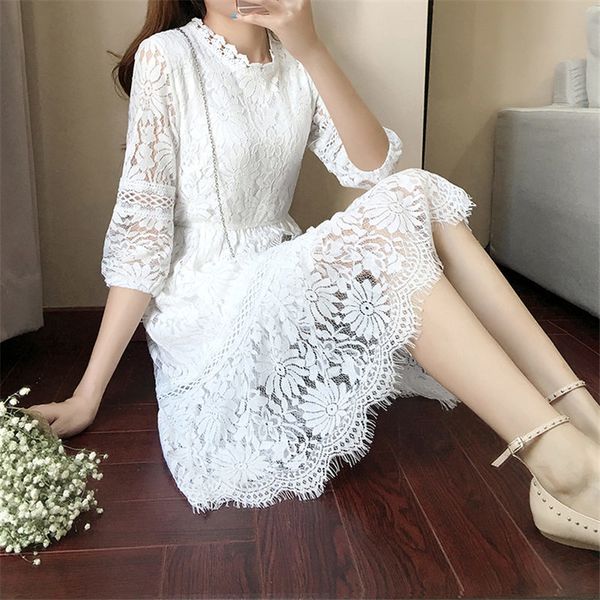 dress women in autumn flowers hollow three-quarters elegant sleeves from the feast of rents midi-white black dressed f781 70y3, Black;gray