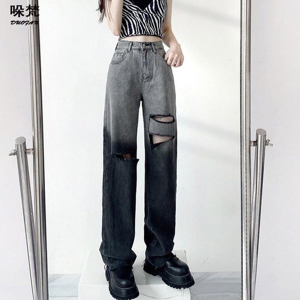 women's jeans duofan high waisted ripped for women y2k aesthetic denim pants loose gradient black cotton vintage streetwear, Blue 
women's jeans duofan high waisted ripped for women y2k aesthetic denim pants loose gradient black cotton vintage streetwear, Blue