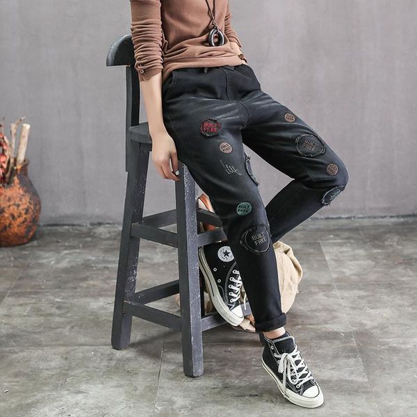 women's pants & capris letter stitch patchwork thickening harem jeans female mori girl, Black;white
women's pants & capris letter stitch patchwork thickening harem jeans female mori girl, Black;white